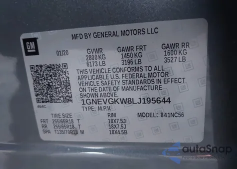 2020 Chevrolet Traverse Awd Lt Cloth z USA, uszkodzony, nr VIN 1GNEVGKW8LJ195644